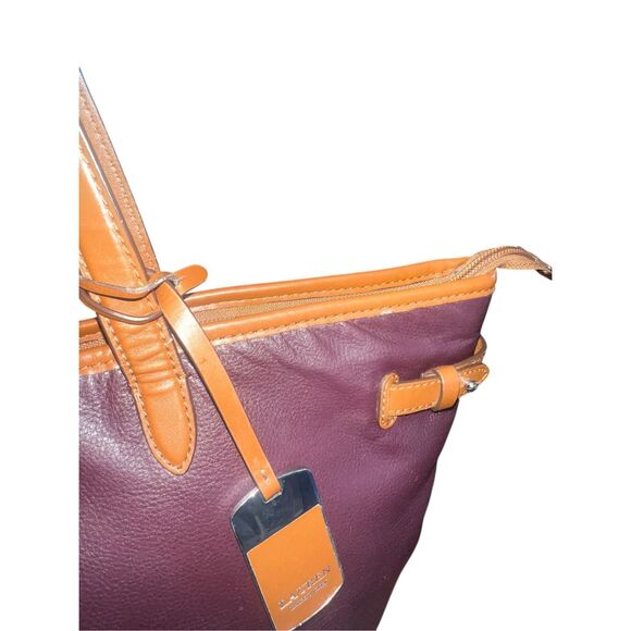 Lauren Ralph Lauren plum purple Leather & Brown Trim Tote Handbag carry all - Picture 8 of 10